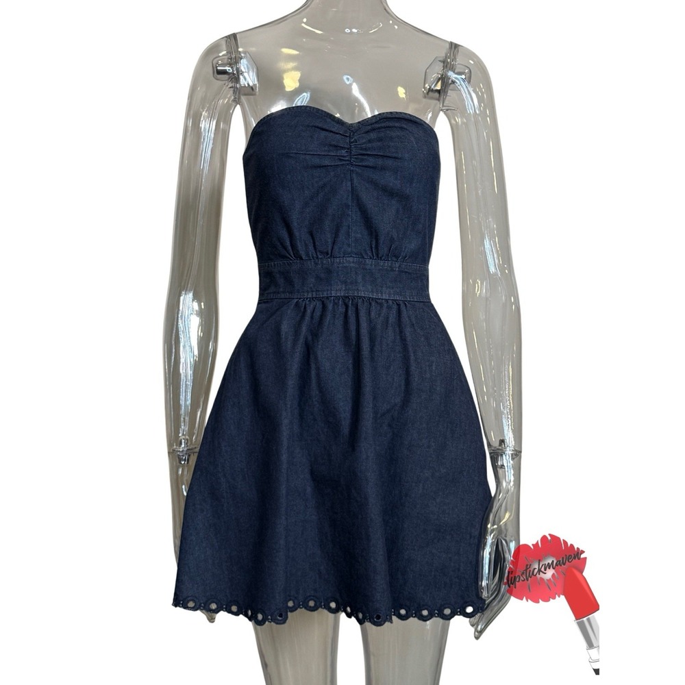 Juicy Couture Mini Dress Size 2 Blue Denim Strapless Smocked Scalloped Hem Y2K